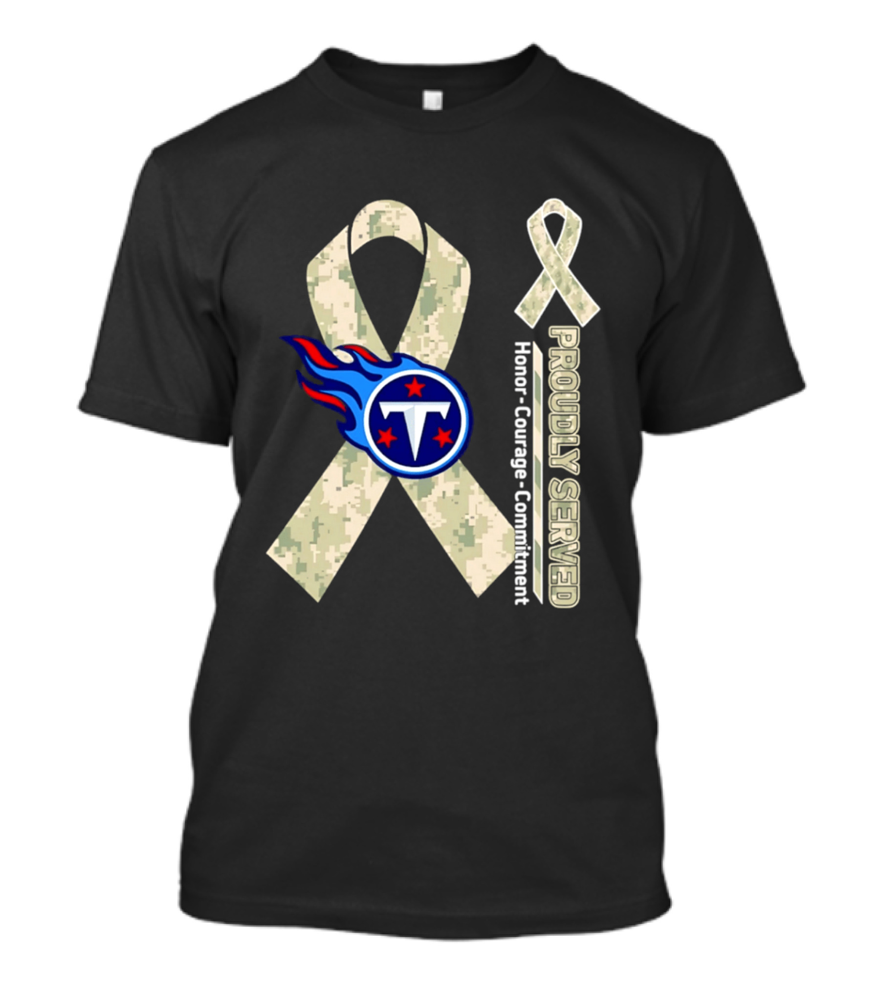 Tennessee Titans Proudly Served Camouflage Ribbon Honor Courage Commitment T-Shirt