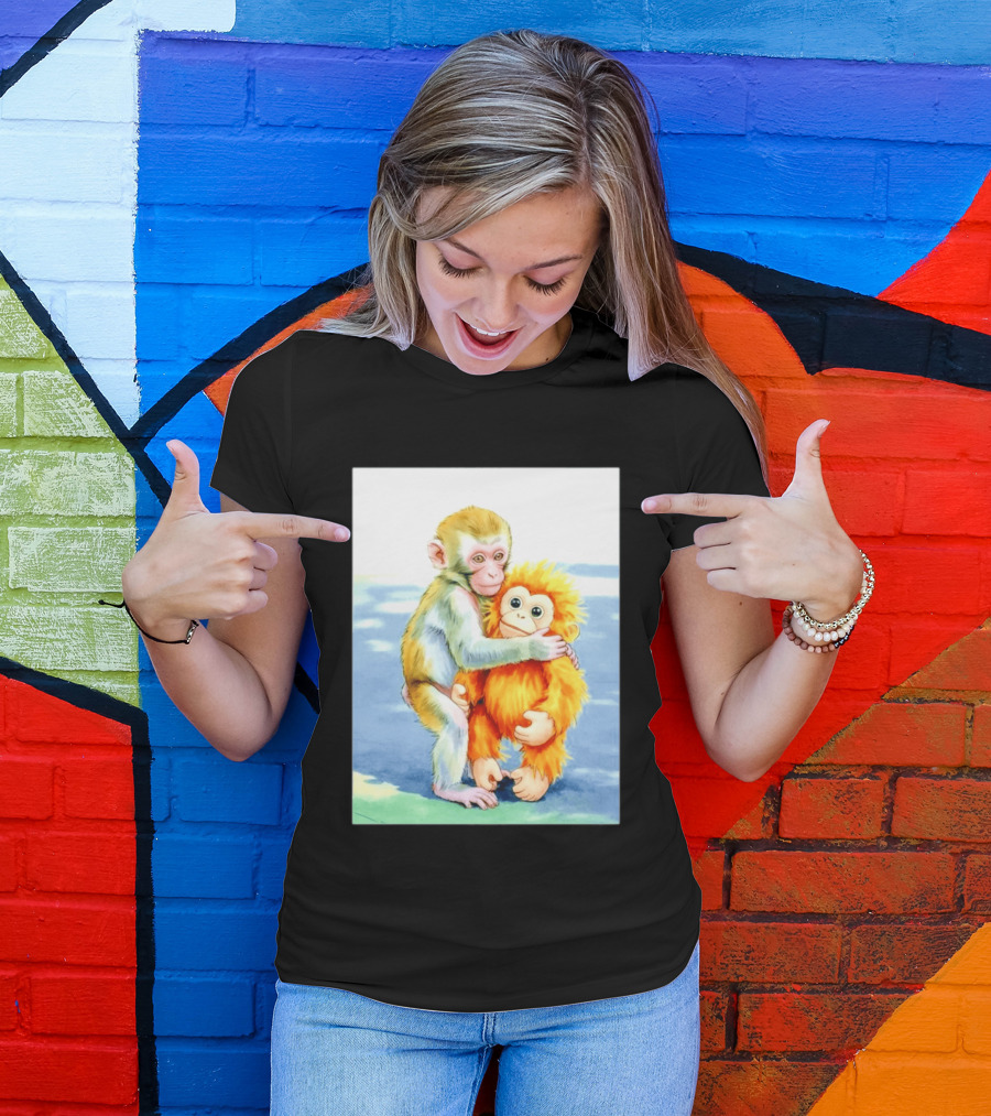 Adorable Monkey Cuddling Orange Plush Toy Scene T-Shirt