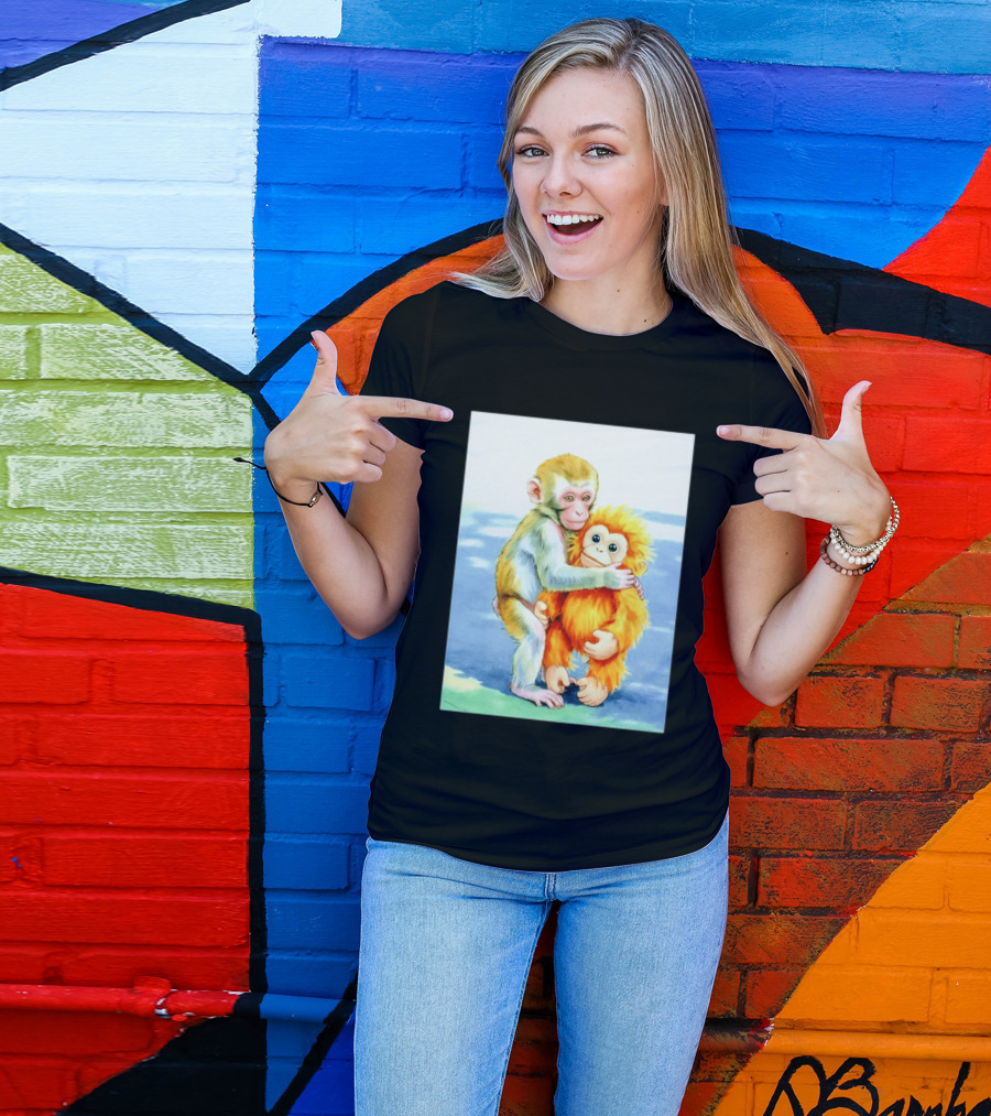 Adorable Monkey Cuddling Orange Plush Toy Scene T-Shirt