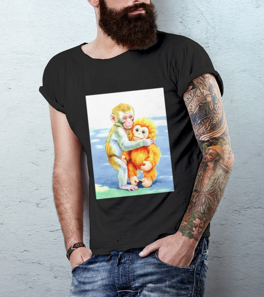 Adorable Monkey Cuddling Orange Plush Toy Scene T-Shirt