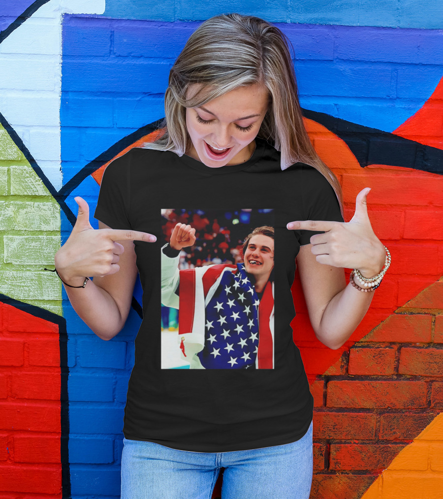 Jack Hughes Celebrating Team USA Hockey Star Spangled Moment T-Shirt