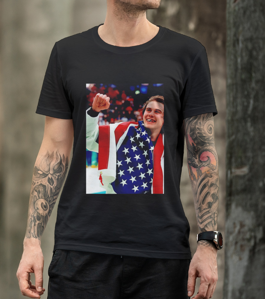 Jack Hughes Celebrating Team USA Hockey Star Spangled Moment T-Shirt