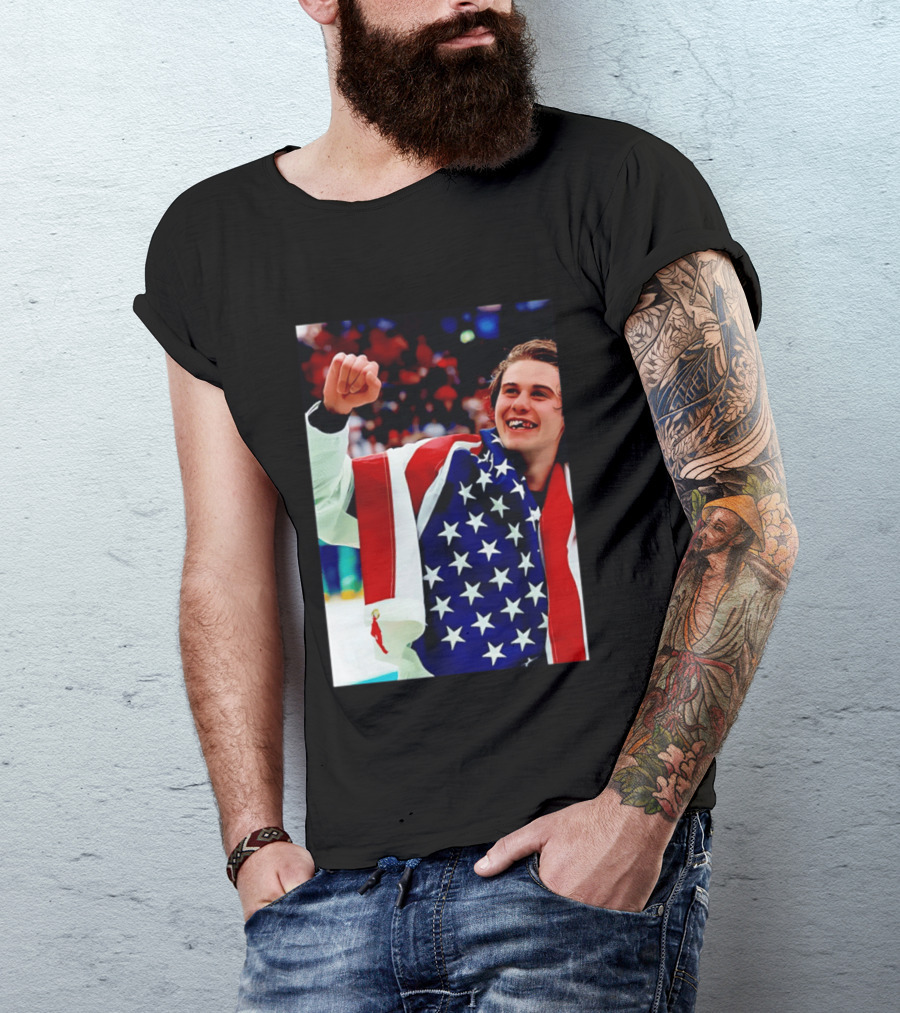 Jack Hughes Celebrating Team USA Hockey Star Spangled Moment T-Shirt