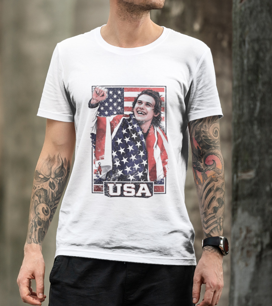 Jack Hughes USA Gold Medal Milano Cortina 2026 American Flag Hockey T-Shirt