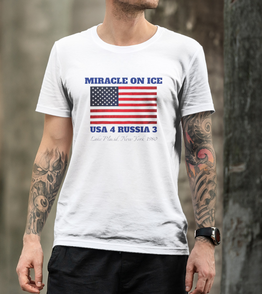 Miracle On Ice USA 4 Russia 3 American Flag Lake Placid New York 1980 Olympic 2026 Milano Cortina T-Shirt