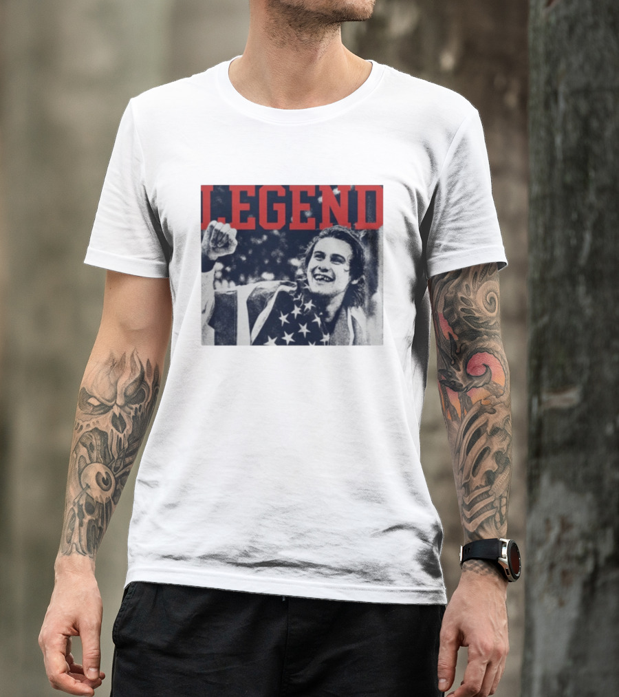 The Ice Sacrifice Jack Hughes Legend Fist Raised American Flag T-Shirt