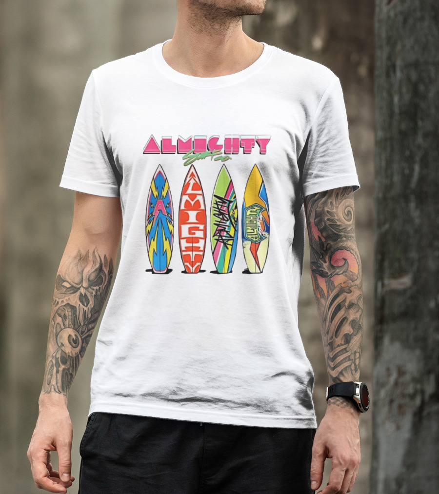 Almighty Surfs Up Collection Vibrant Surfboards T-Shirt
