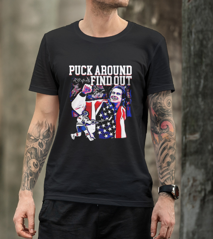 Puck Around Find Out Jack Hughes USA Hockey American Flag Celebration T-Shirt