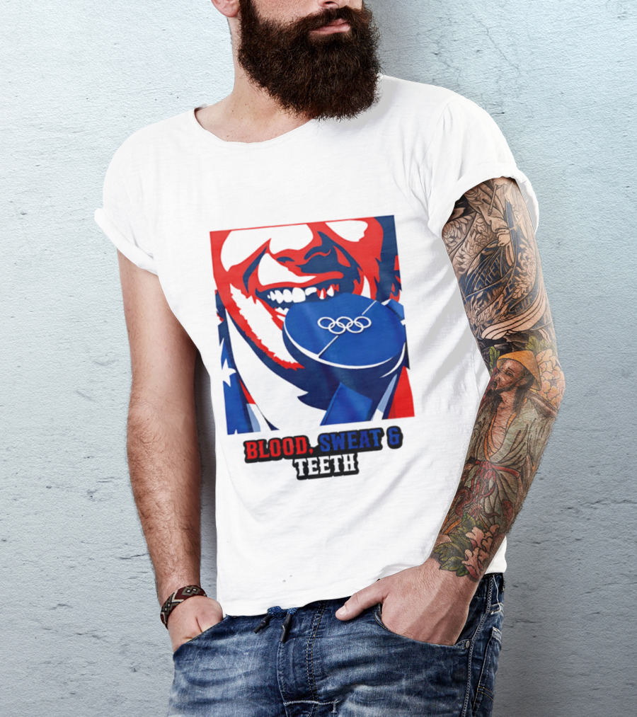 Blood Sweat Teeth Jack Hughes USA Olympic Hockey Gold Medal Champs T-Shirt