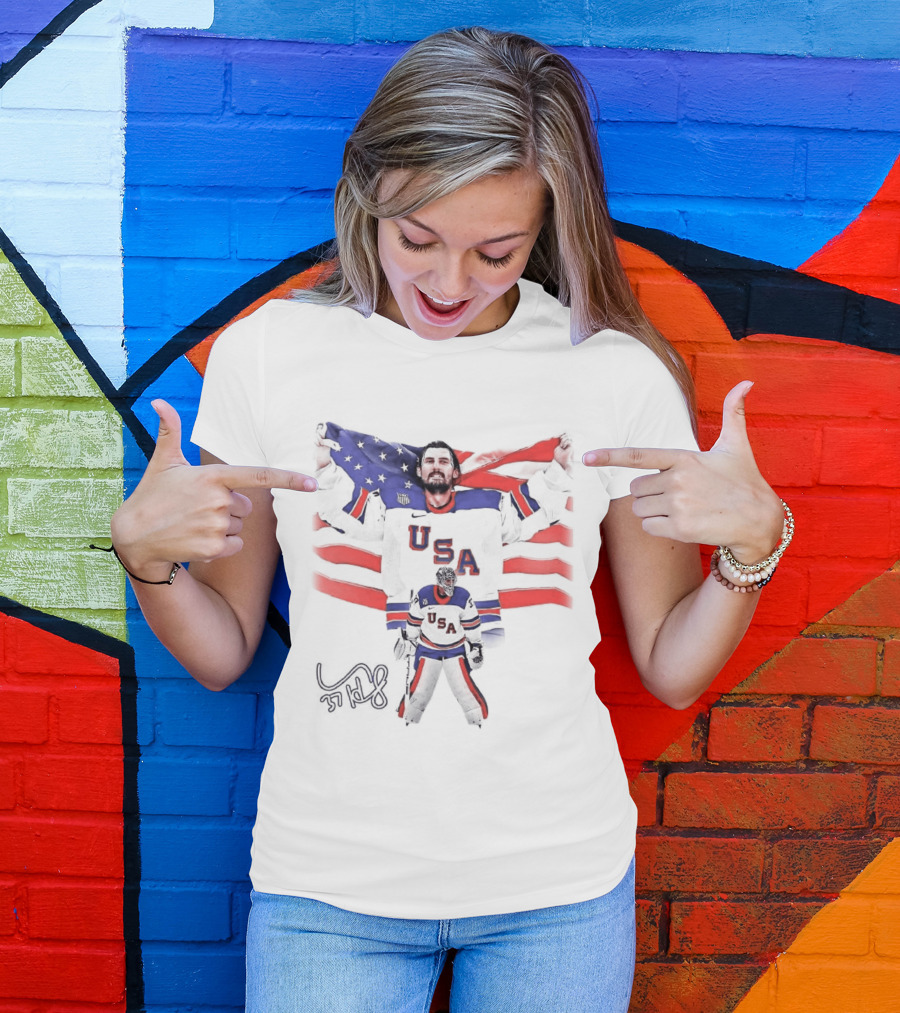 Connor Hellebuyck Team USA Olympic Gold Celebration Hockey Player With American Flag T-Shirt