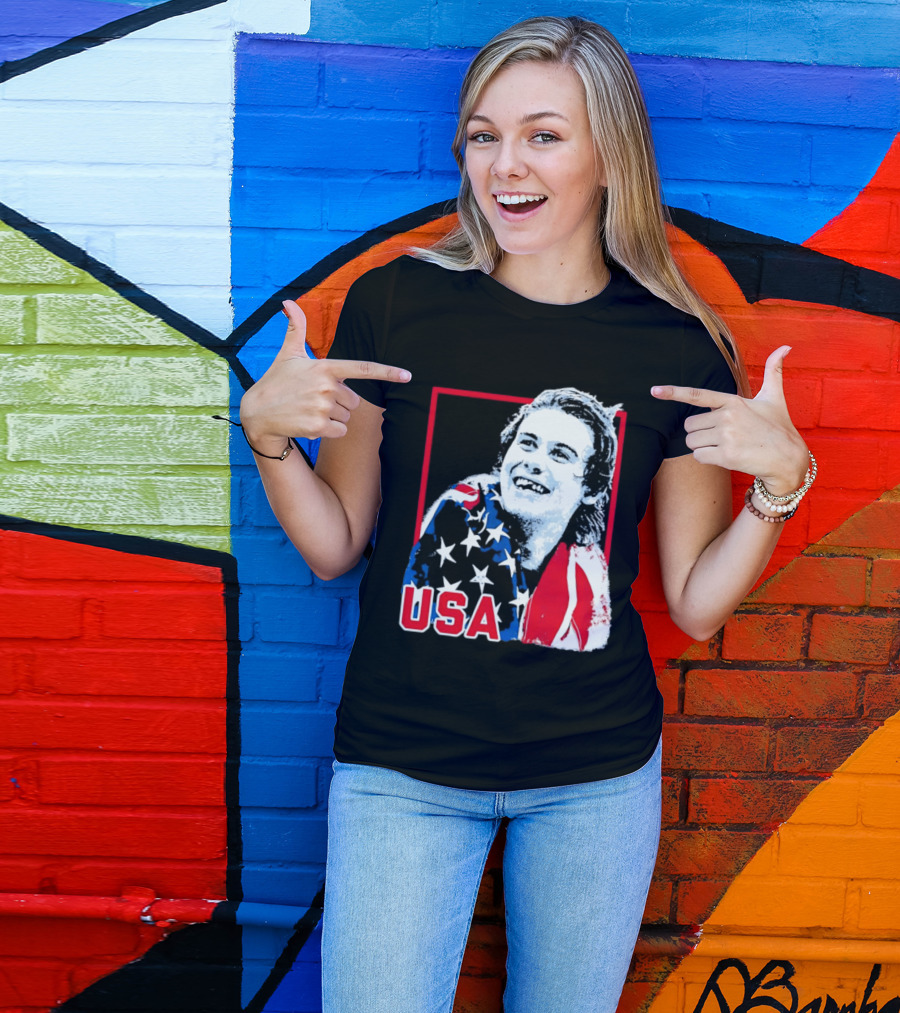 USA Flag Happy Athlete Red Frame American Pride T-Shirt