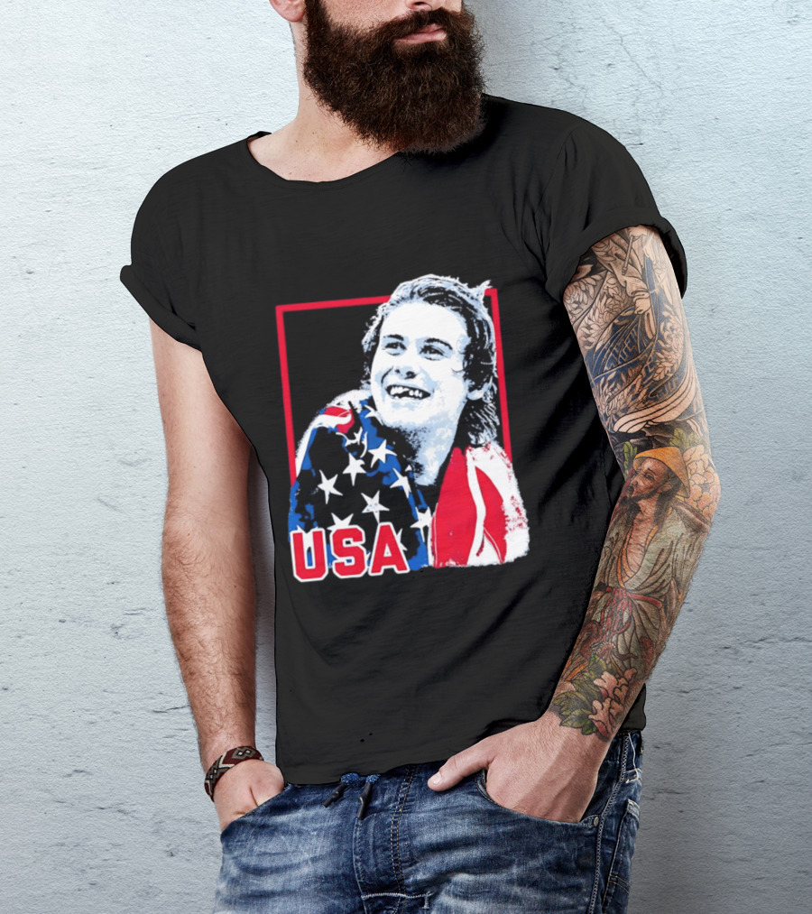 USA Flag Happy Athlete Red Frame American Pride T-Shirt