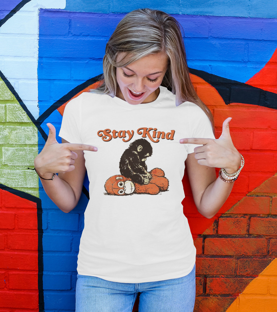 Stay Kind Punch Monkey Meme Compassionate Primate Hugging Plush T-Shirt
