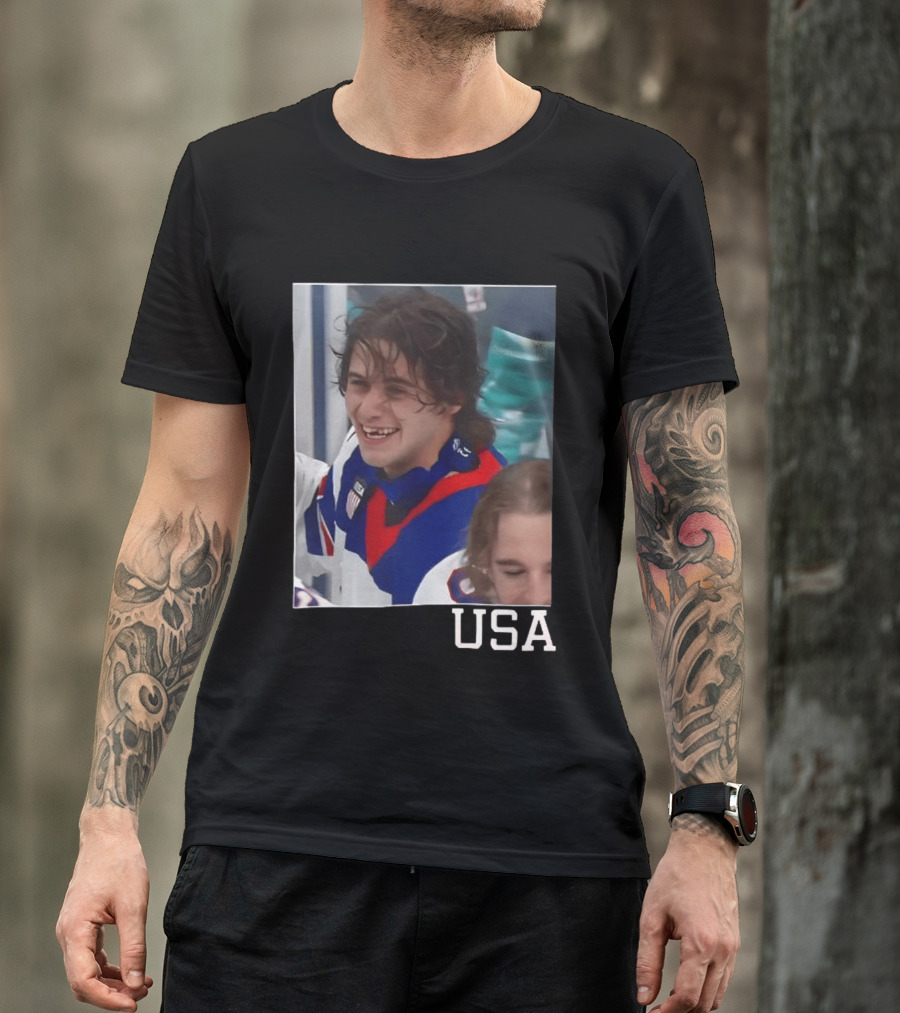 Jack Hughes 2026 Winter Olympic Team USA Smile Hockey T-Shirt