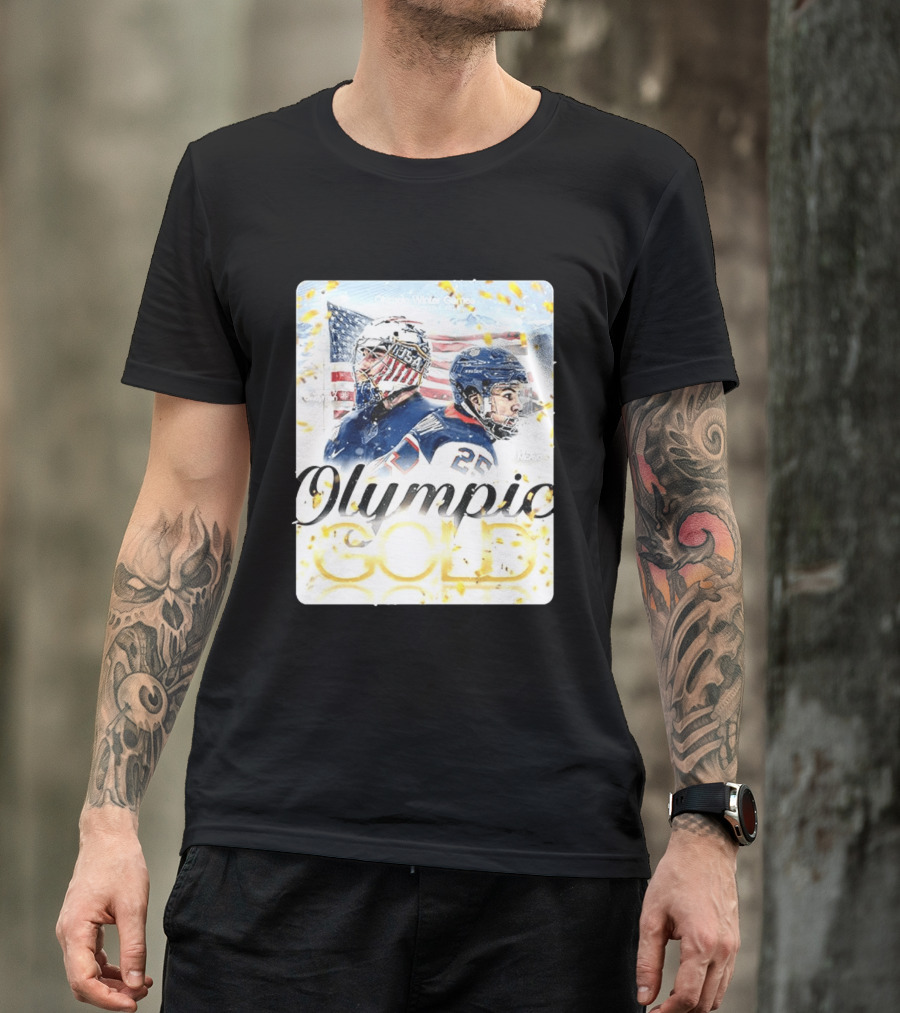 Olympic Winter Games USA Jeremy Swayman Charlie McAvoy Olympic Gold T-Shirt