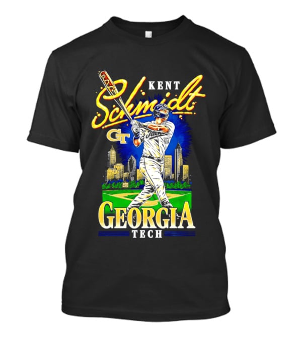 Kent Schmidt Georgia Tech Baseball Hot Dog Bat Skyline T-Shirt