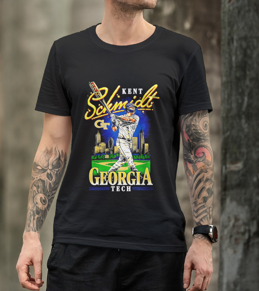 Kent Schmidt Georgia Tech Baseball Hot Dog Bat Skyline T-Shirt