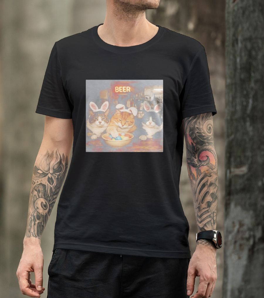 Beer Cat Trio Bunny Ears With Easter Eggs T-Shirt