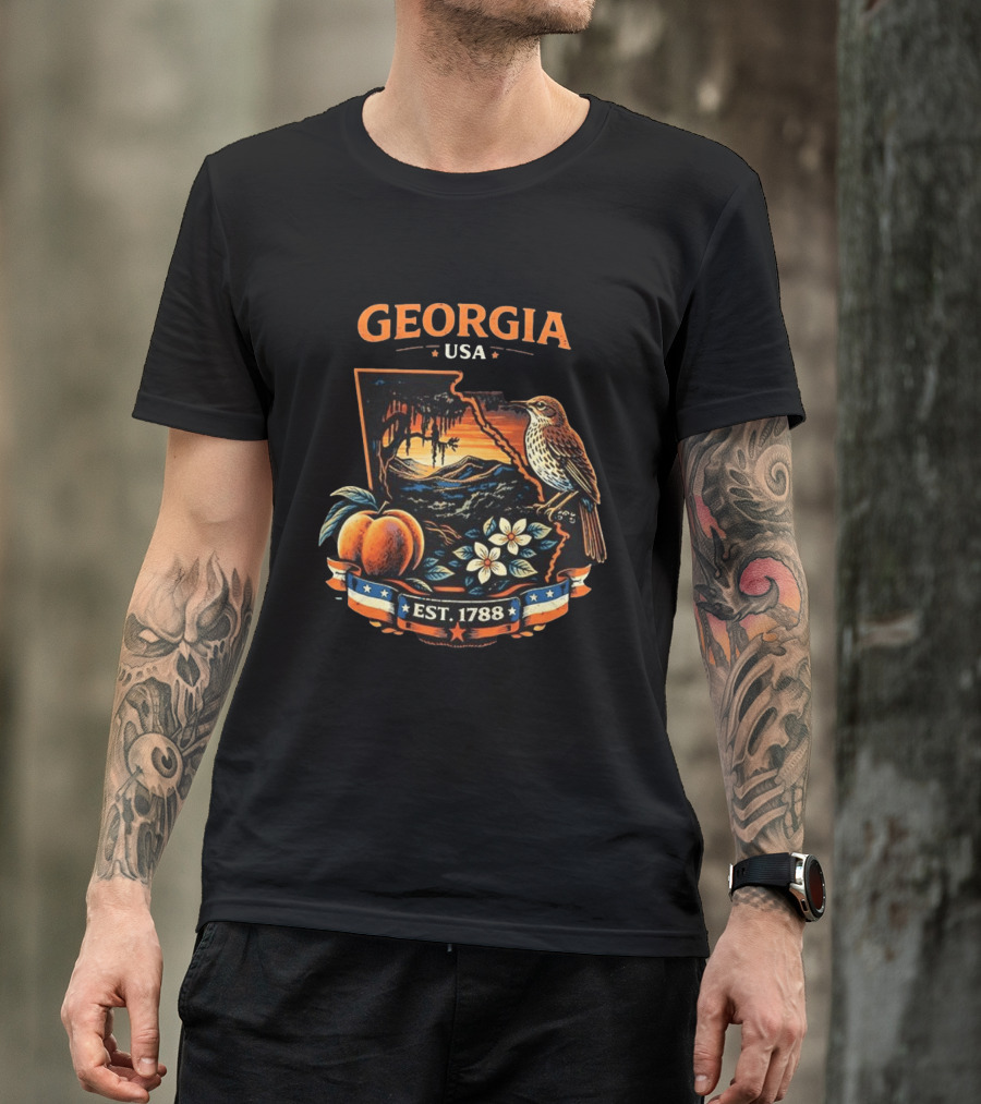 Georgia USA Established 1788 Peach Bird Landscape T-Shirt