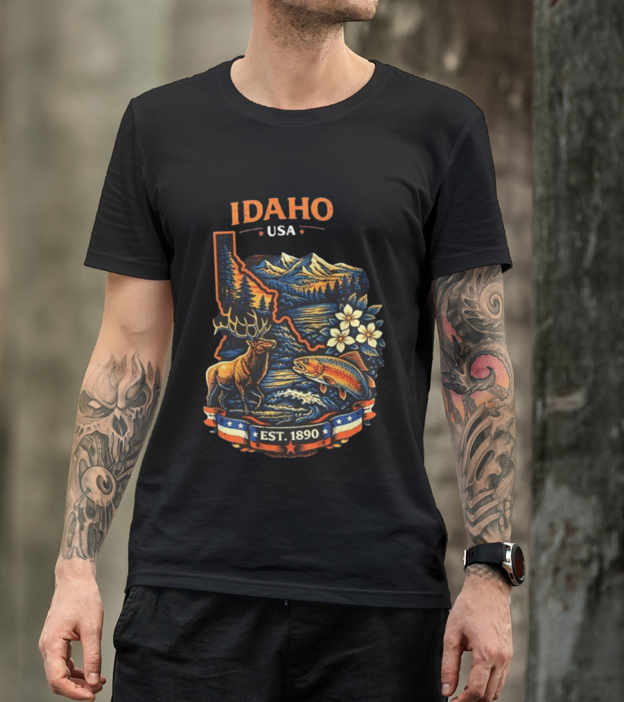 Idaho USA Est 1890 Wilderness Elk Trout Mountains T-Shirt