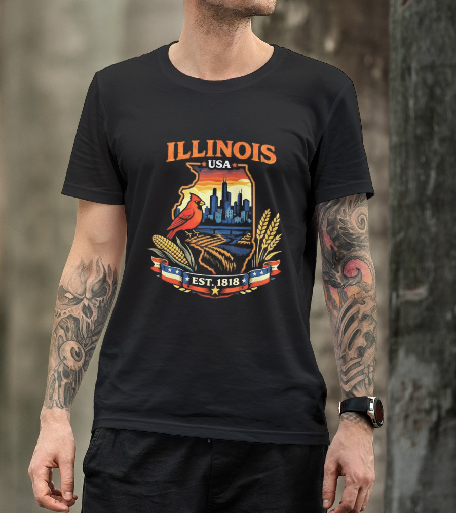 Illinois USA 1818 Cardinal Skyline Corn Wheat T-Shirt