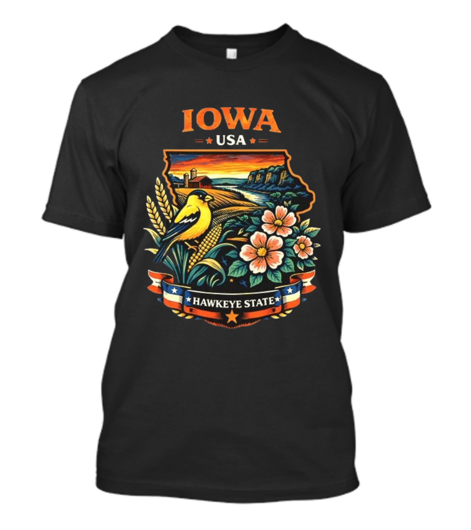 Iowa USA Hawkeye State Scenic Landscape With Bird And Flowers T-Shirt