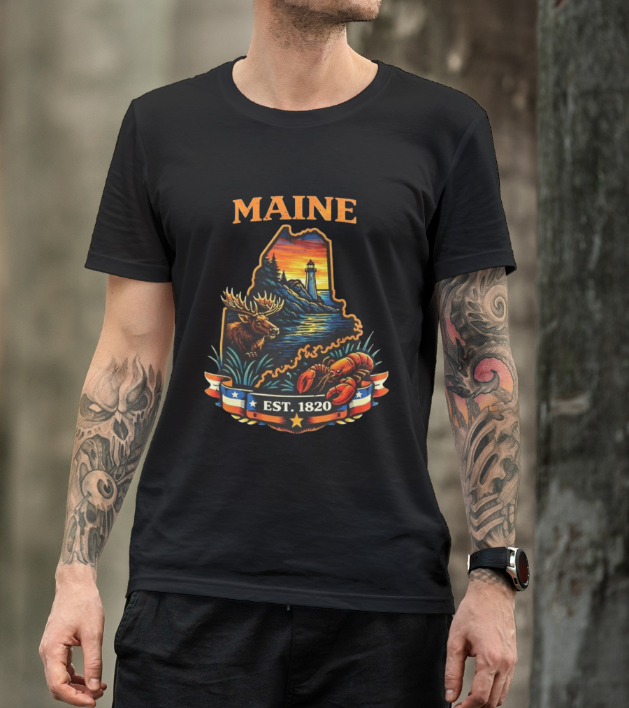 Maine Sunset Est 1820 Lighthouse Moose Lobster USA Landscape T-Shirt