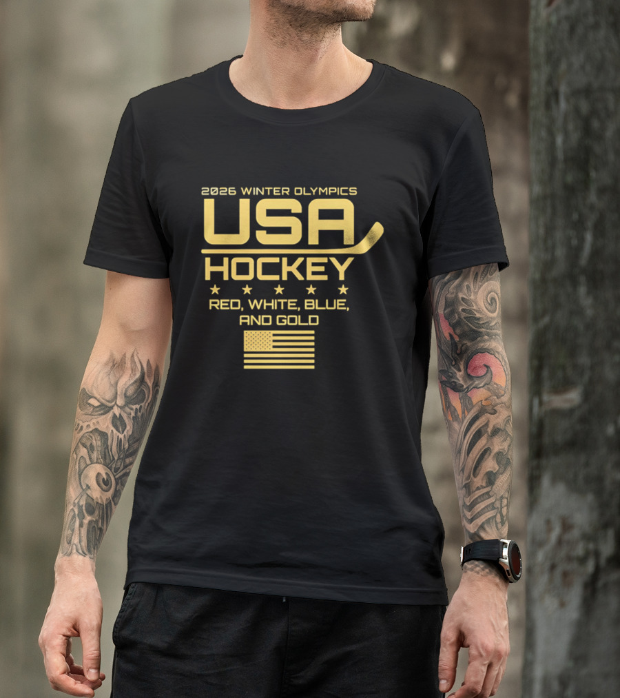 USA Hockey 2026 Winter Olympics Red White Blue Gold Flag T-Shirt