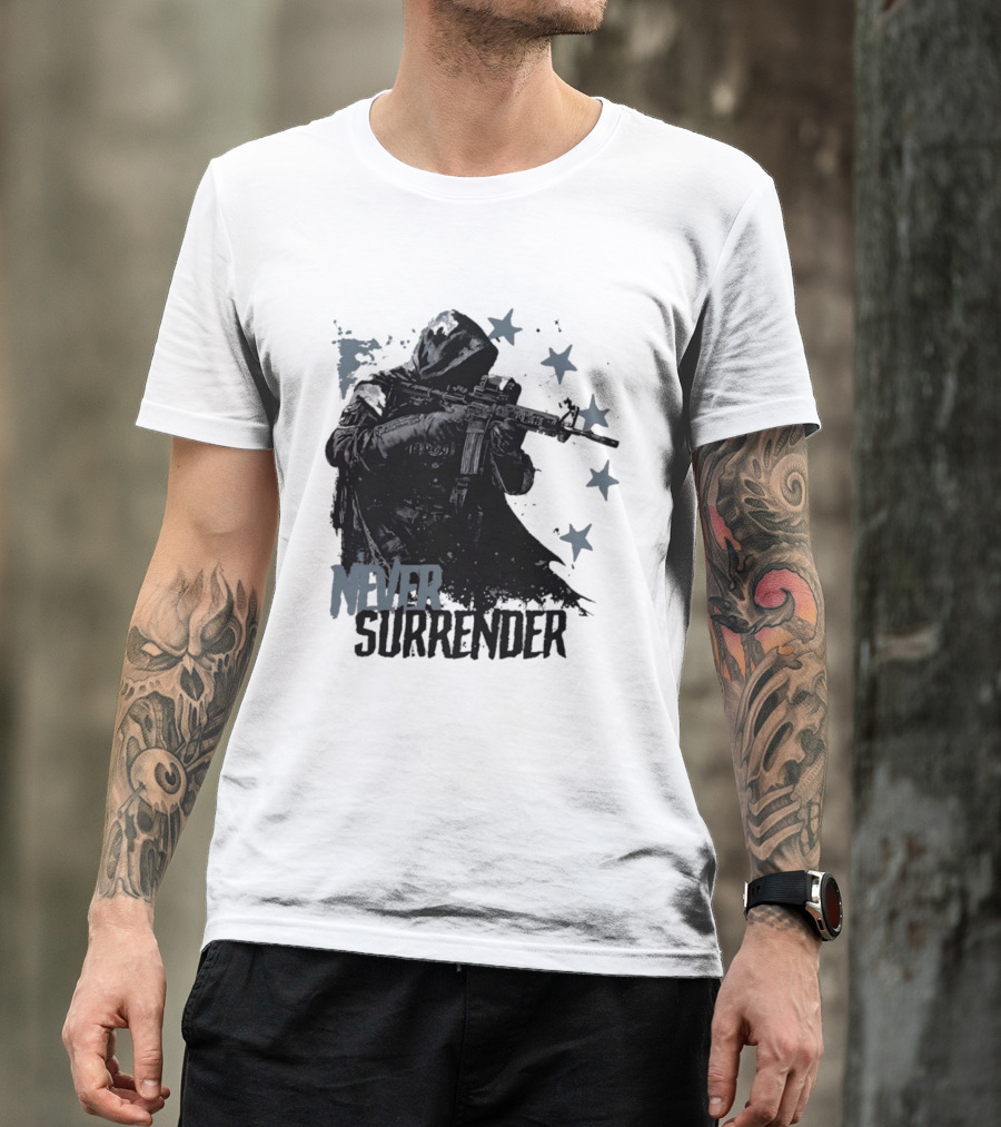 Never Surrender Reaper With Hooded Figure And Rifle T-Shirt