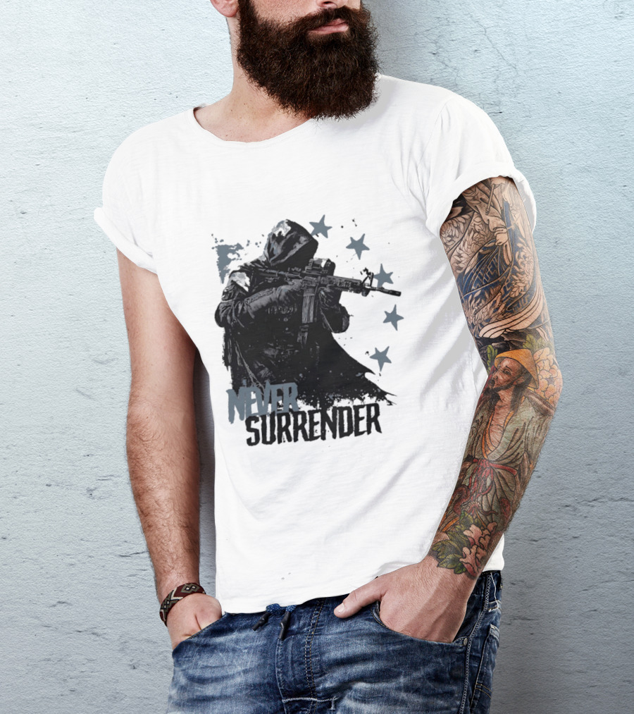 Never Surrender Reaper With Hooded Figure And Rifle T-Shirt