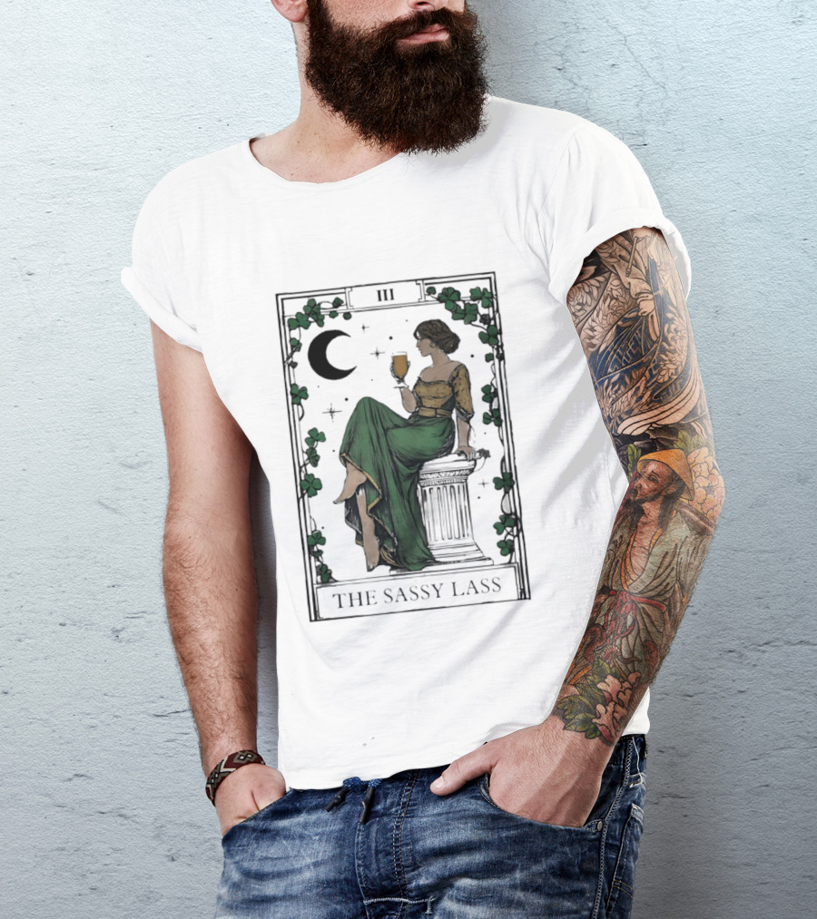 St Patrick's Day The Sassy Lass Tarot Card III Moon Clover T-Shirt