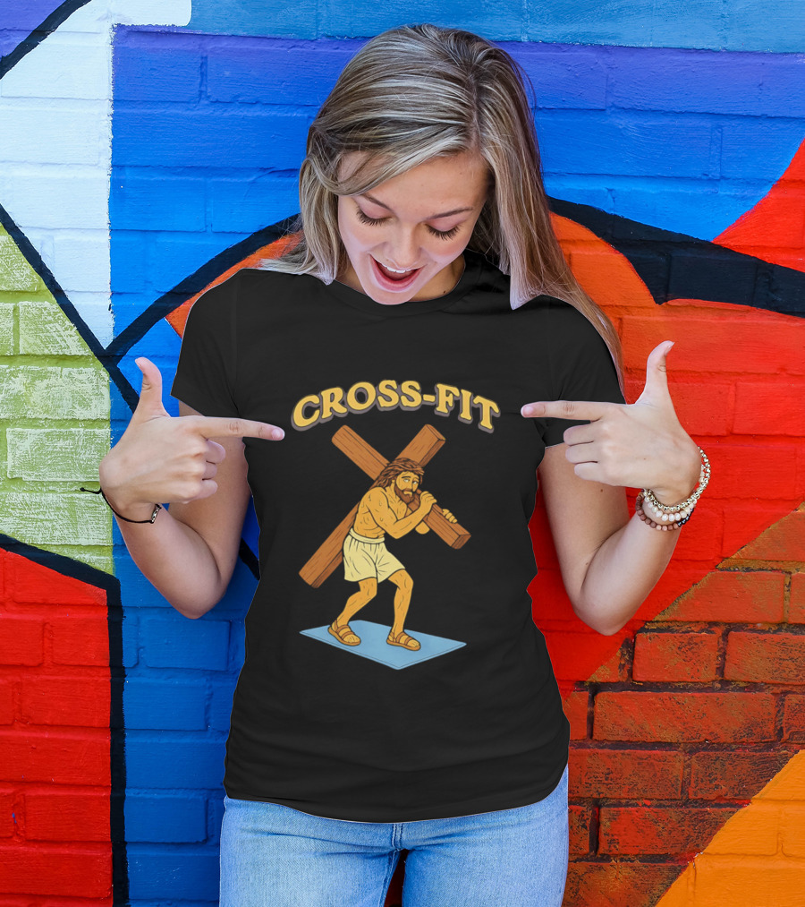 Cross Fit Jesus Cartoon Carrying Cross T-Shirt
