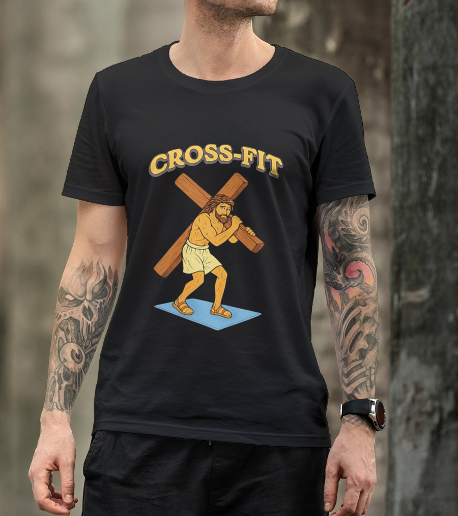 Cross Fit Jesus Cartoon Carrying Cross T-Shirt