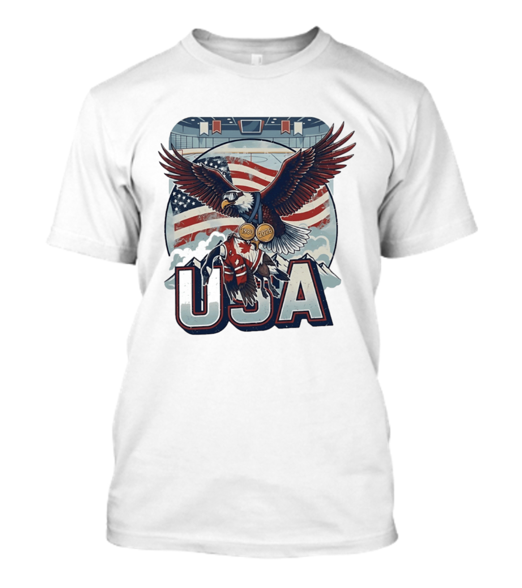 USA Hockey Eagle 1980 2026 American Flag Ice Rink T-Shirt