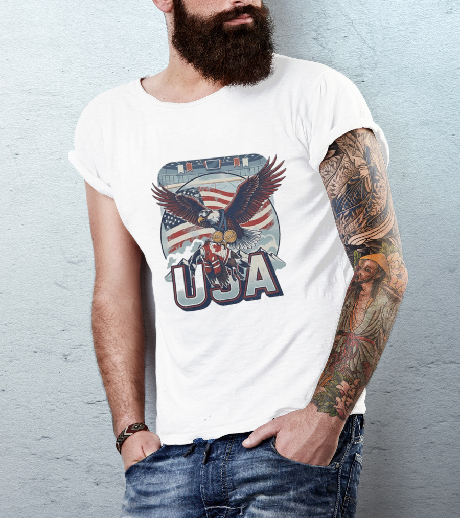 USA Hockey Eagle 1980 2026 American Flag Ice Rink T-Shirt