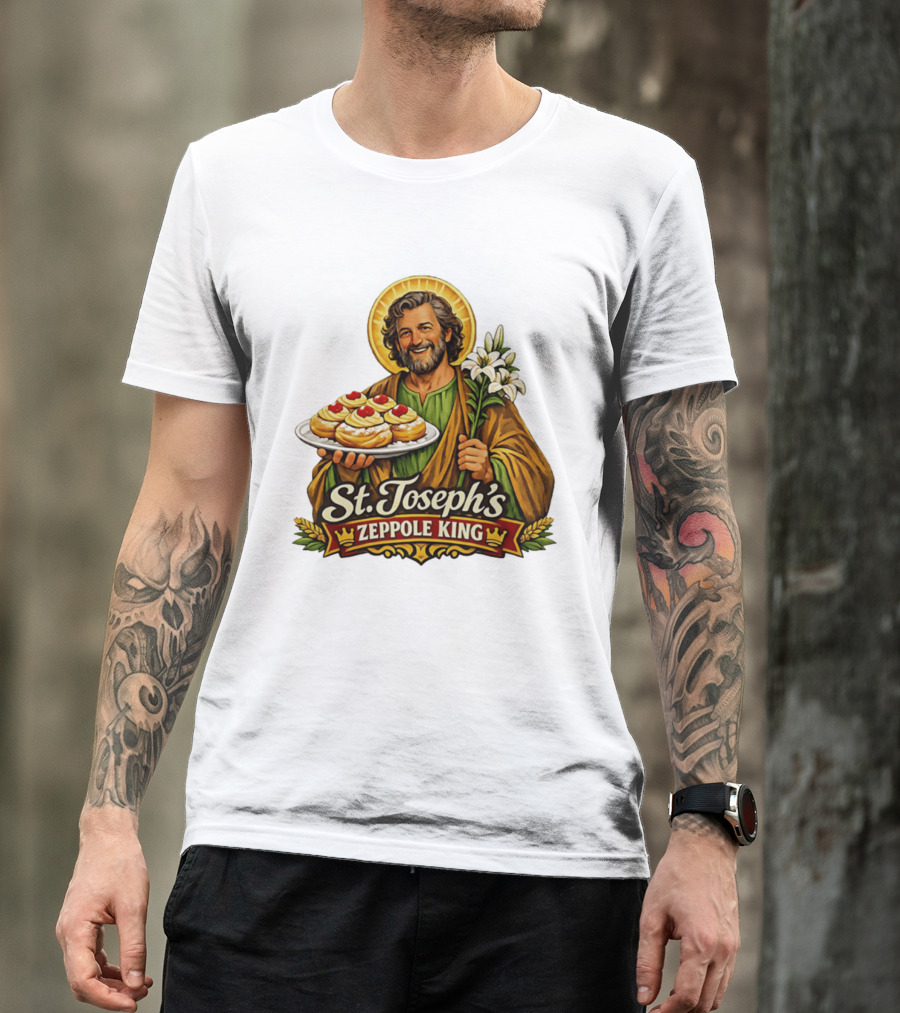 St Joseph's Zeppole King Saint Holding Tray With Flowers T-Shirt