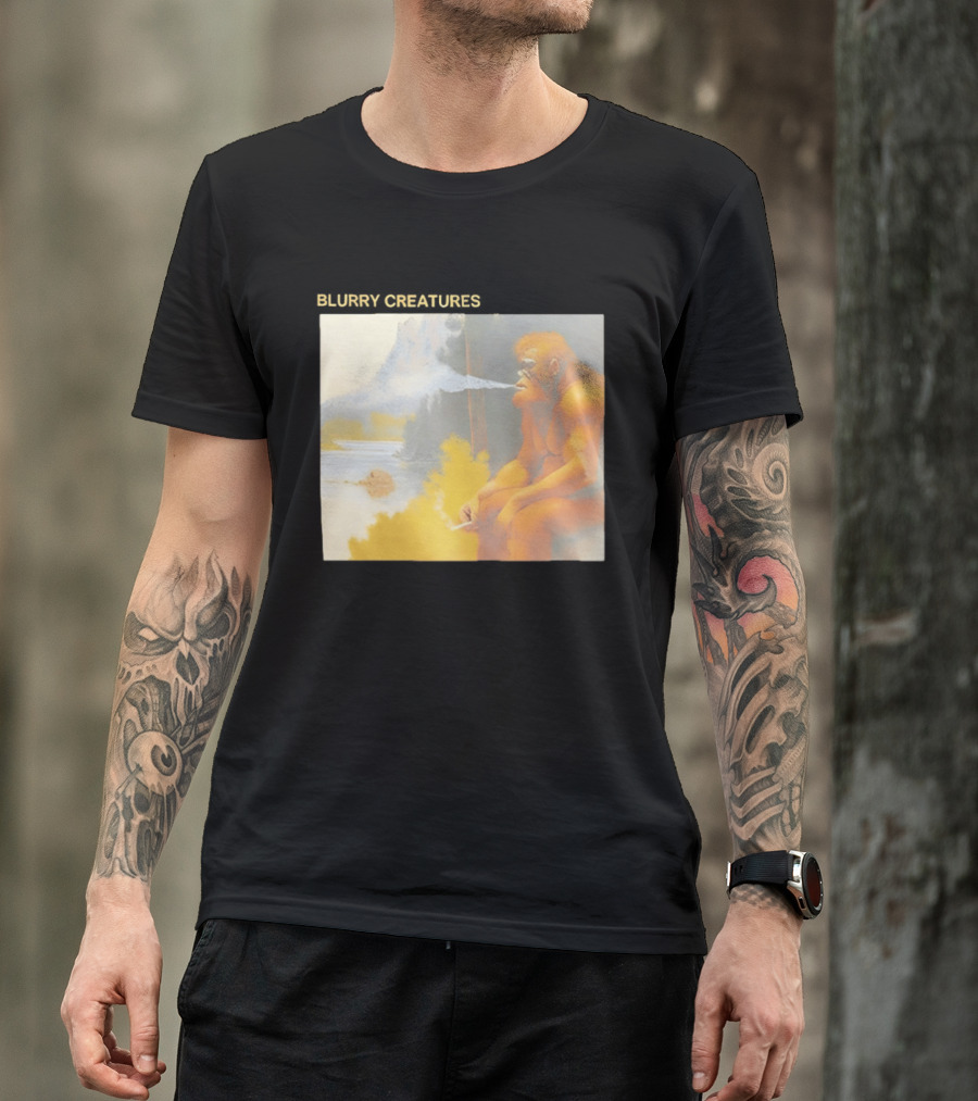 Bigfoot Blurry Creatures Smoking By Lake Mountain Scene T-Shirt