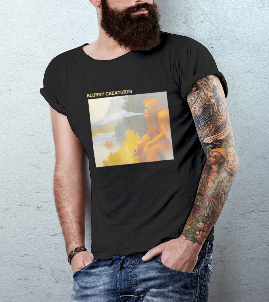 Bigfoot Blurry Creatures Smoking By Lake Mountain Scene T-Shirt