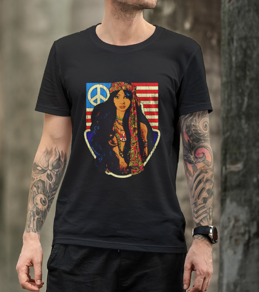 Peace Is Natural 1969 Bohemian Hippie Woman American Flag T-Shirt
