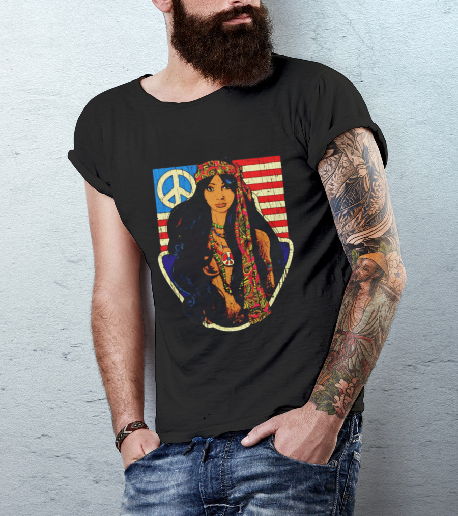 Peace Is Natural 1969 Bohemian Hippie Woman American Flag T-Shirt