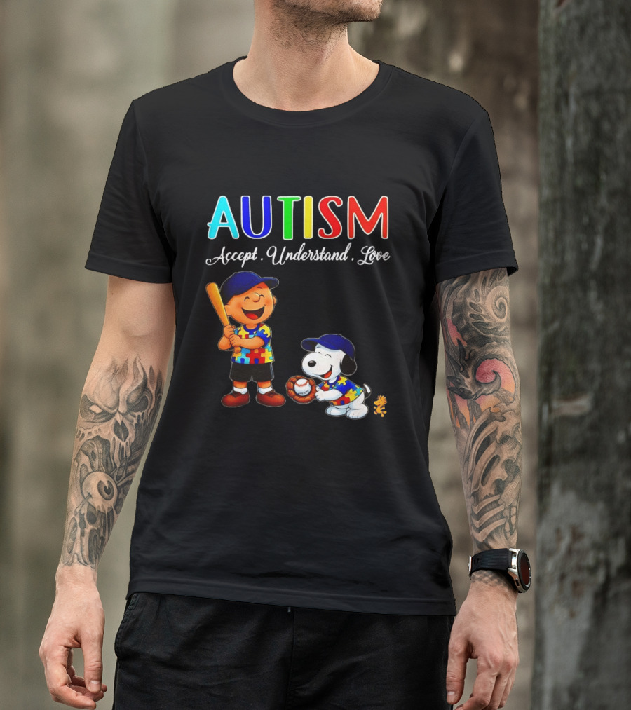 Charlie Brown Snoopy Peanuts Autism Accept Understand Love Baseball Puzzle T-Shirt