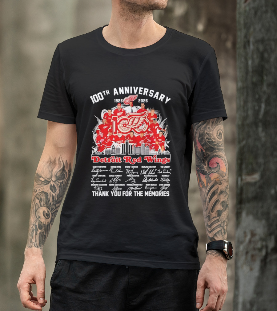 Detroit Red Wings 100th Anniversary 1926 2026 Thank You For The Memories Player Skyline T-Shirt
