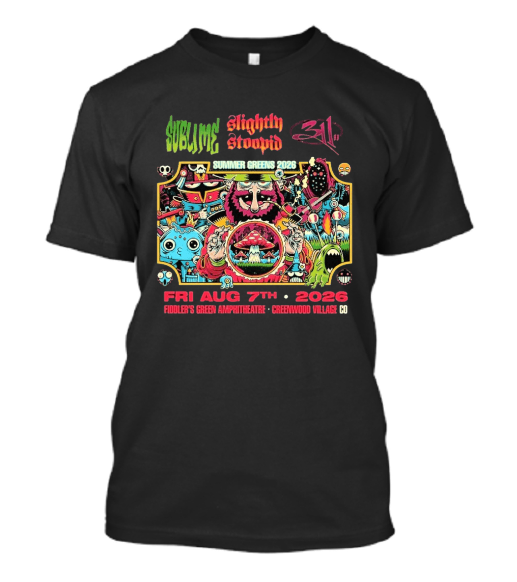 Sublime Slightly Stoopid 311 Summer Greens Fiddler's Green Amphitheatre 2026 Greenwood Village CO August 7th T-Shirt