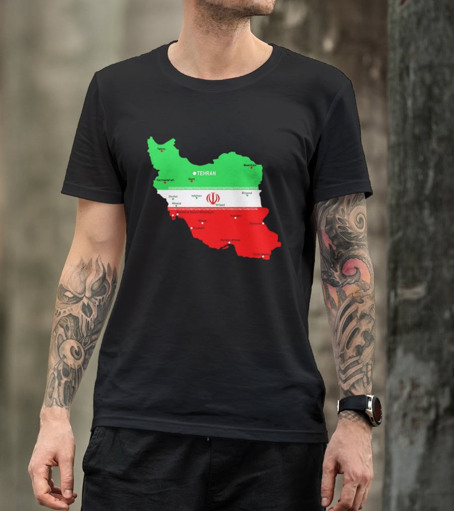Iran Map With Flag Tehran Tabriz Mashhad Esfahan Shiraz Yazd Cities T-Shirt