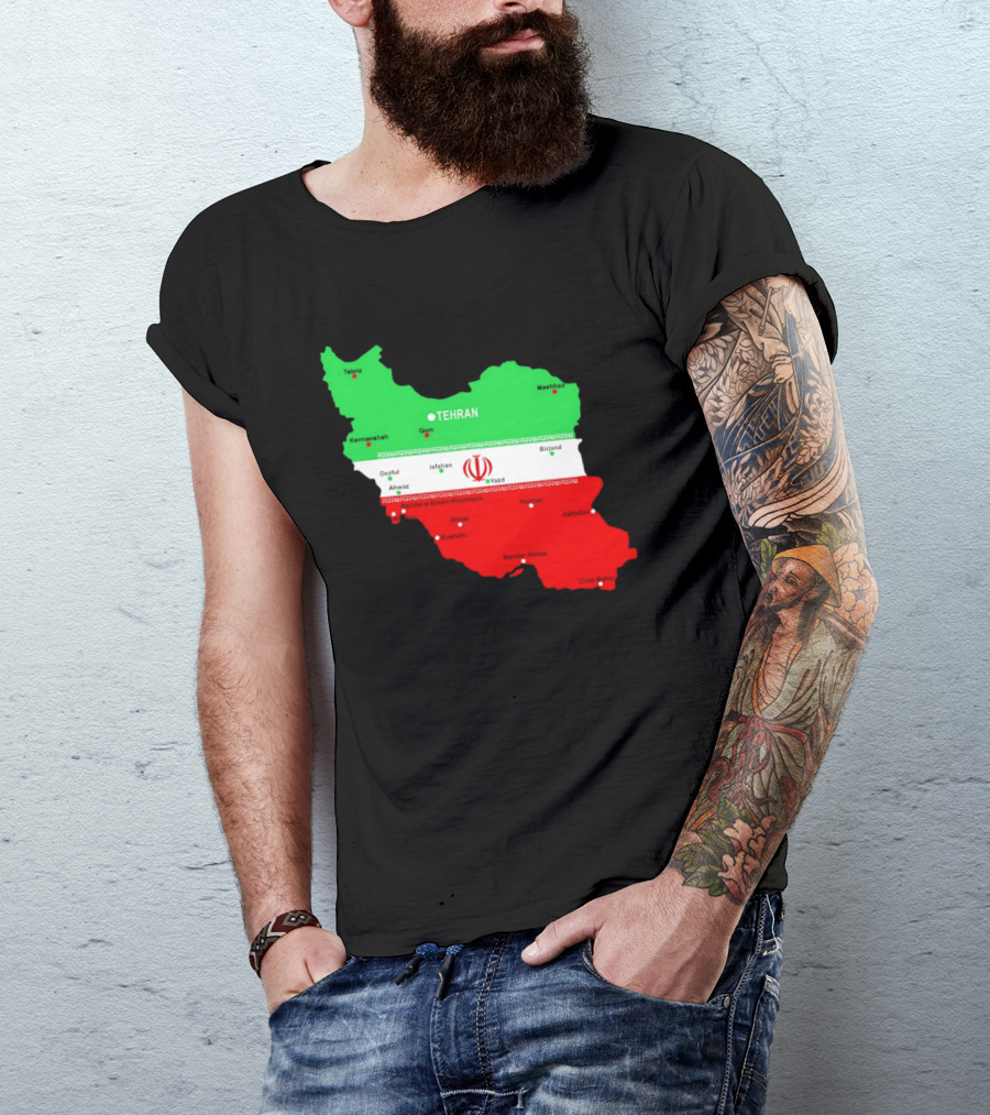 Iran Map With Flag Tehran Tabriz Mashhad Esfahan Shiraz Yazd Cities T-Shirt