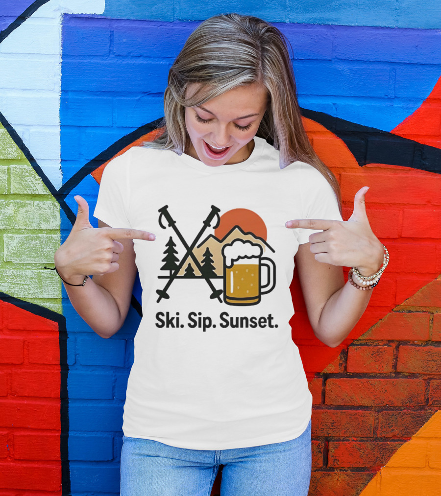 Ski Sip Sunset Mountain Beer Adventure T-Shirt