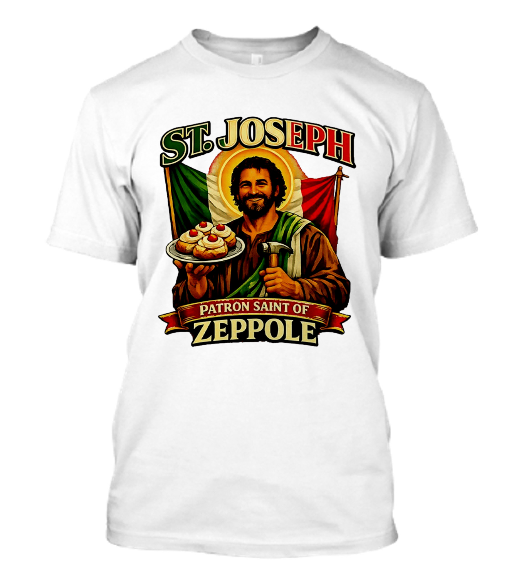 St. Joseph Patron Saint Of Zeppole With Italian Flag Icon And Halo Providing Hammer And Pastries T-Shirt