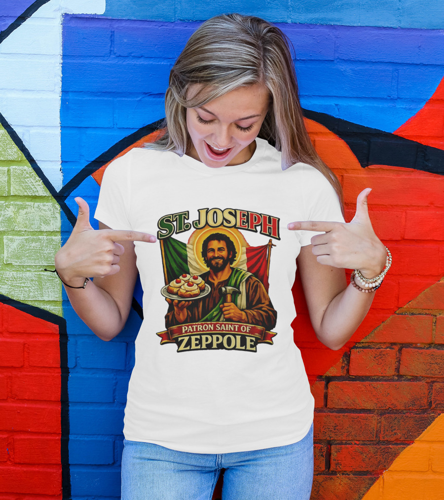 St. Joseph Patron Saint Of Zeppole With Italian Flag Icon And Halo Providing Hammer And Pastries T-Shirt