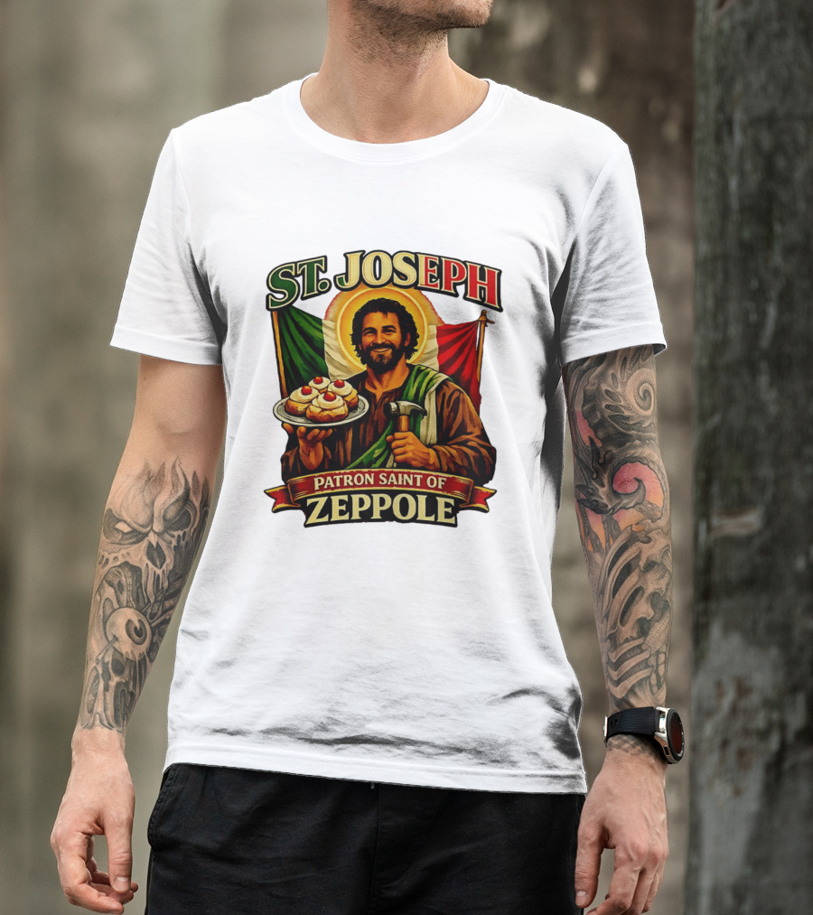 St. Joseph Patron Saint Of Zeppole With Italian Flag Icon And Halo Providing Hammer And Pastries T-Shirt