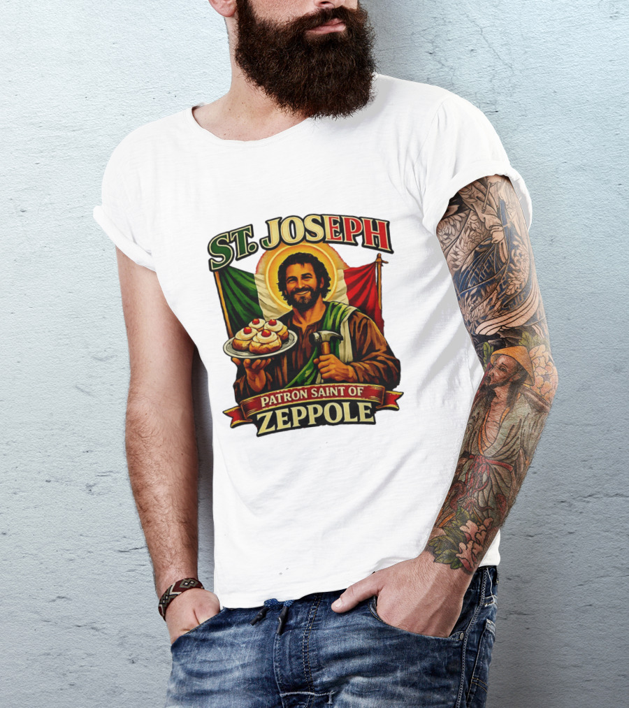 St. Joseph Patron Saint Of Zeppole With Italian Flag Icon And Halo Providing Hammer And Pastries T-Shirt